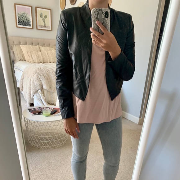 alice + olivia Collarless Genuine Leather Jacket - Picture 2 of 4